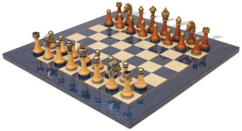 Image of ID 1282106039 Italian Arabesque Staunton Metal & Wood Chess Set with Blue Ash Burl Chess Board