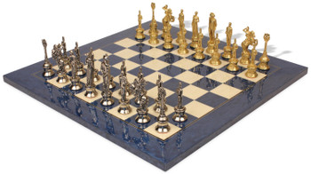 Image of ID 1282106082 Napoleon Theme Chess Set Brass & Nickel Pieces with Blue Ash Burl Chess Board