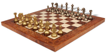 Image of ID 1282106094 Small Staunton Metal Chess Set with Elm Burl Chess Board