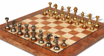 Image of ID 1282106139 Small Staunton Solid Brass Chess Set with Elm Burl Chess Board