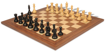 Image of ID 1282411578 British Staunton Chess Set Ebonized & Boxwood Pieces with Walnut & Maple Deluxe Board - 35" King