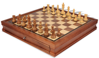 Image of ID 1282411583 British Staunton Chess Set in Golden Rosewood & Boxwood with Walnut Chess Case - 35" King