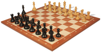 Image of ID 1282411588 British Staunton Chess Set Ebonized & Boxwood Pieces with Sunrise Mahogany Notated Chess Board - 35" King