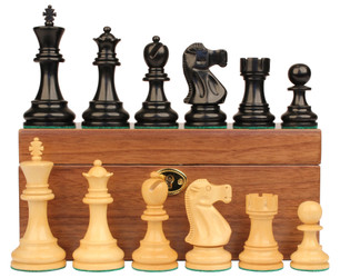 Image of ID 1284663410 Deluxe Old Club Staunton Chess Set Ebonized & Boxwood Pieces with Walnut Chess Box - 375" King