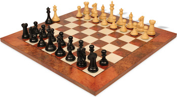 Image of ID 1287148119 New Exclusive Staunton Chess Set Ebony & Boxwood Pieces with Elm Burl & Erable Board - 4" King