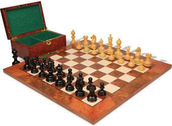 Image of ID 1287148128 Hallett Antique Reproduction Chess Set Ebony & Boxwood Pieces with Elm Burl & Erable Board & Box - 4" King