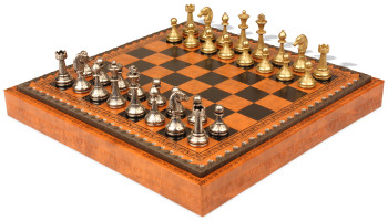 Image of ID 1291437827 Small Staunton Metal Chess Set with Leatherette Chess Board & Tray