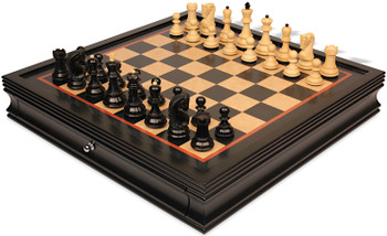 Image of ID 1299747768 Zagreb Series Chess Set Ebonized & Boxwood Pieces with Black & Bird's-Eye Maple Chess Case - 325" King
