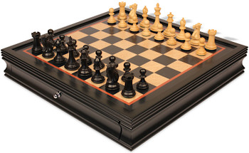 Image of ID 1299747770 New Exclusive Staunton Chess Set Ebonized & Boxwood Pieces with Black & Bird's-Eye Maple Chess Case - 3" King