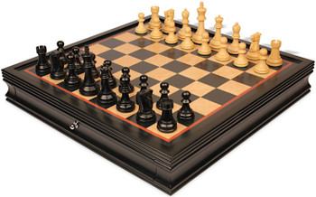 Image of ID 1299747772 Reykjavik Series Chess Set Ebonized & Boxwood Pieces with Black & Bird's-Eye Maple Chess Case - 375" King