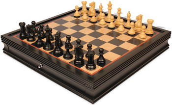 Image of ID 1299747774 New Exclusive Staunton Chess Set Ebonized & Boxwood Pieces with Black & Bird's-Eye Maple Chess Case - 35" King