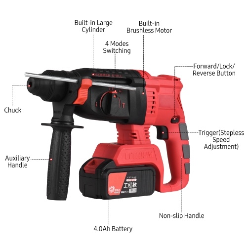 Image of ID 1300843675 21V Cordless Brushless Rotary Hammer Drill with Carry Box 3 in 1 Hammer Drill Electric Breaker Power Drill with Adjustable Auxiliary Handle Depth Gauge 40Ah Battery Fast Charger 980RPM Variable Speed Demolition Kit