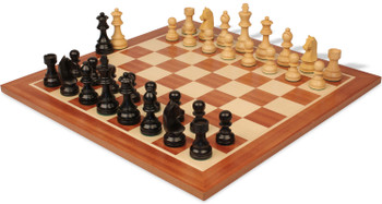 Image of ID 1302524831 German Knight Staunton Chess Set Ebonized & Boxwood Pieces with Sunrise Mahogany Board - 375" King