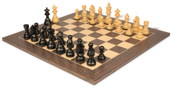 Image of ID 1302524834 German Knight Staunton Chess Set Ebonized & Boxwood Pieces with Tiger Ebony Deluxe Chess Board- 375" King