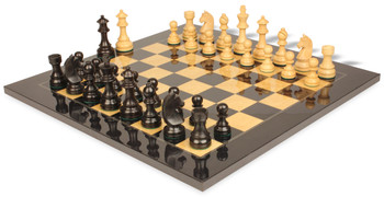 Image of ID 1302524837 German Knight Staunton Chess Set Ebonized & Boxwood Pieces with Black & Ash Burl Chess Board - 375" King