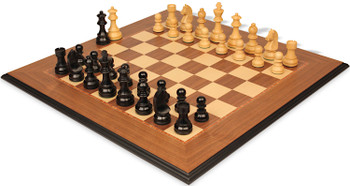 Image of ID 1302524850 German Knight Staunton Chess Set Ebonized & Boxwood Pieces with Walnut Molded Edge Chess Board - 375" King