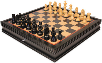 Image of ID 1302524851 German Knight Staunton Chess Set Ebonized & Boxwood Pieces with Black & Bird's-Eye Maple Chess Case - 375" King