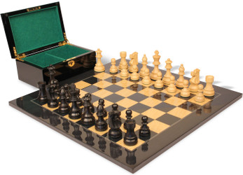 Image of ID 1302922902 French Lardy Staunton Chess Set Ebonized & Boxwood Pieces with Black & Ash Burl Board & Box - 375" King