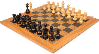 Image of ID 1302922911 German Knight Staunton Chess Set Ebonized & Boxwood Pieces with Olive Wood & Black Deluxe Board - 325" King