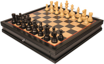 Image of ID 1302922919 French Lardy Staunton Chess Set Ebonized & Boxwood Pieces with Black & Bird's-Eye Maple Chess Case - 375" King