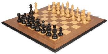 Image of ID 1302922925 French Lardy Staunton Chess Set Ebonized & Boxwood Pieces with Walnut Molded Edge Chess Board - 325" King