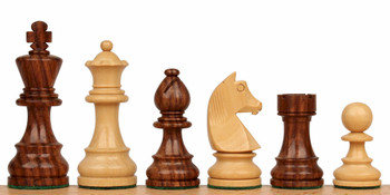Image of ID 1302922949 German Knight Staunton Chess Set with Golden Rosewood & Boxwood Pieces - 325" King