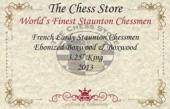 Image of ID 1302922951 French Lardy Staunton Chess Set Ebonized & Boxwood Pieces with Mahogany Chess Box - 325" King