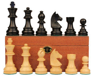 Image of ID 1302922958 German Knight Staunton Chess Set Ebonized & Boxwood Pieces with Classic Mahogany Board & Box - 325" King