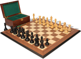 Image of ID 1302922960 The Craftsman Series Chess Set Ebony & Boxwood Pieces with Walnut & Maple Molded Edge Board & Box - 375" King