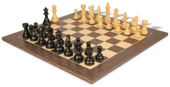 Image of ID 1302922962 French Lardy Staunton Chess Set Ebonized & Boxwood Pieces with Deluxe Tiger Ebony & Maple Board - 375" King