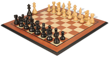 Image of ID 1302922964 French Lardy Staunton Chess Set Ebonized & Boxwood Pieces with Mahogany Molded Edge Chess Board - 325" King