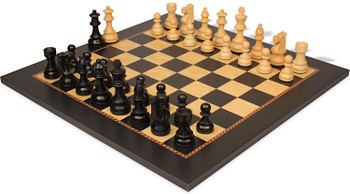 Image of ID 1302922970 French Lardy Staunton Chess Set Ebonized & Boxwood Pieces with The Queen's Gambit Chess Board - 325" King