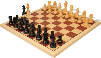 Image of ID 1302922971 German Knight Staunton Chess Set Ebonized & Boxwood Pieces with Sycamore & Mahogany Board - 325" King