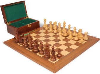 Image of ID 1305673481 Deluxe Old Club Staunton Chess Set Golden Rosewood & Boxwood Pieces with Walnut & Maple Deluxe Board & Box - 375" King