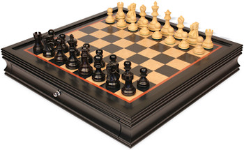 Image of ID 1310350197 Deluxe Old Club Staunton Chess Set Ebonized & Boxwood Pieces with Black & Bird's-Eye Maple Chess Case - 325" King