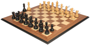 Image of ID 1310350198 Deluxe Old Club Staunton Chess Set Ebonized & Boxwood Pieces with Walnut & Maple Molded Edge Board - 325" King