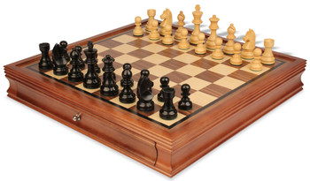 Image of ID 1310350201 German Knight Staunton Chess Set Ebonized & Boxwood Pieces with Walnut Chess Case - 375" King