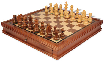 Image of ID 1310350202 German Knight Staunton Chess Set Golden Rosewood & Boxwood Pieces with Walnut Chess Case - 375" King