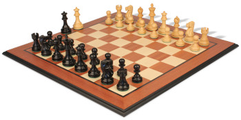 Image of ID 1310350205 Deluxe Old Club Staunton Chess Set Ebonized & Boxwood Pieces with Mahogany & Maple Molded Edge Board - 325" King