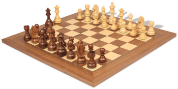 Image of ID 1310350206 German Knight Staunton Chess Set Golden Rosewood & Boxwood Pieces with Walnut & Maple Deluxe Board - 375" King