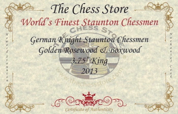 Image of ID 1310350210 German Knight Staunton Golden Rosewood & Boxwood Pieces with Walnut Chess Box - 375" King