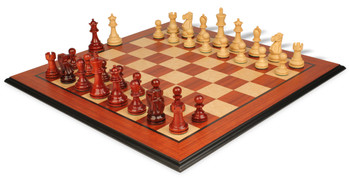 Image of ID 1310350212 Deluxe Old Club Staunton Chess Set Padauk & Boxwood  Pieces with Molded Edge Padauk Chess Board - 325" King