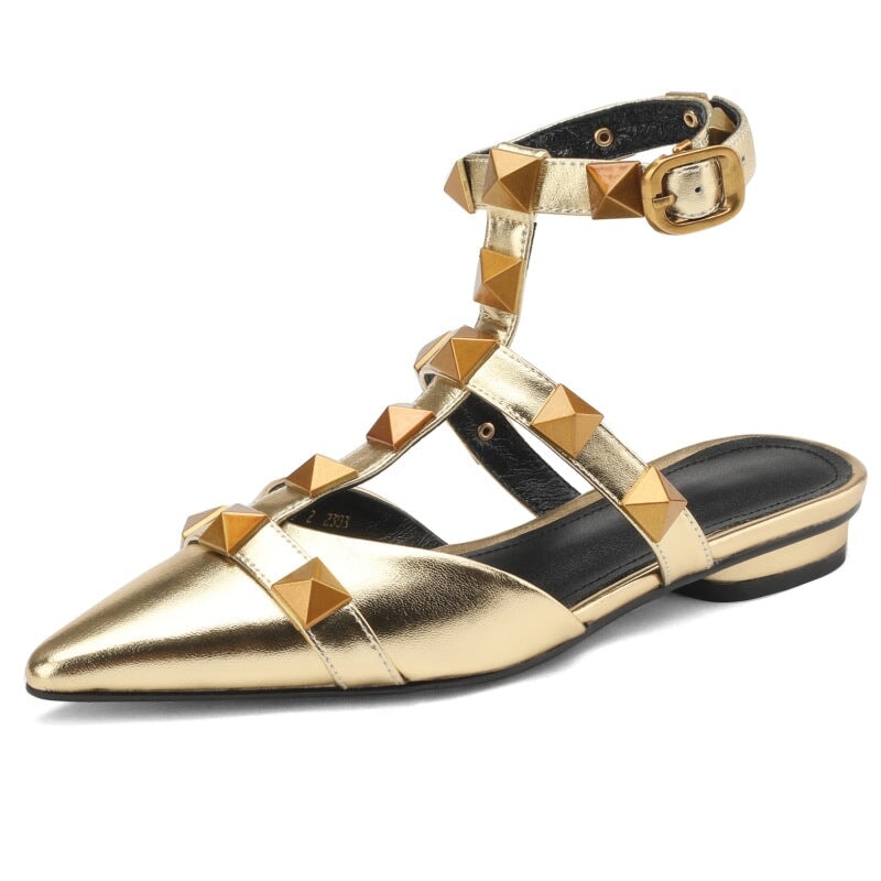 Image of ID 1311782375 Leather T Strap Rockstud Ankle-strap Flat Sandals Point Toe Slingback in Golden/Beige/Black