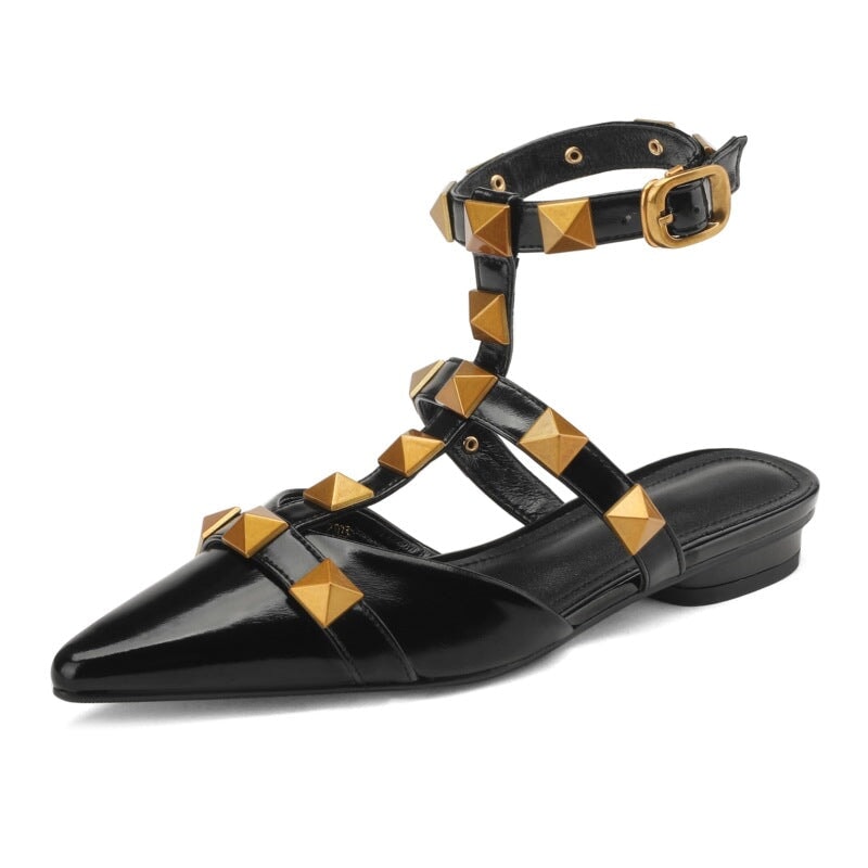 Image of ID 1311782380 Leather T Strap Rockstud Ankle-strap Flat Sandals Point Toe Slingback in Golden/Beige/Black