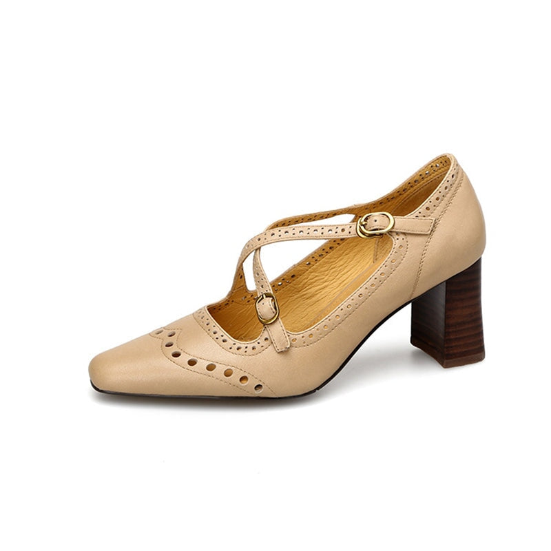 Image of ID 1311782531 Handmade Cross Strap Leather Brogued Mary Jane Pumps in Apricot/Khaki