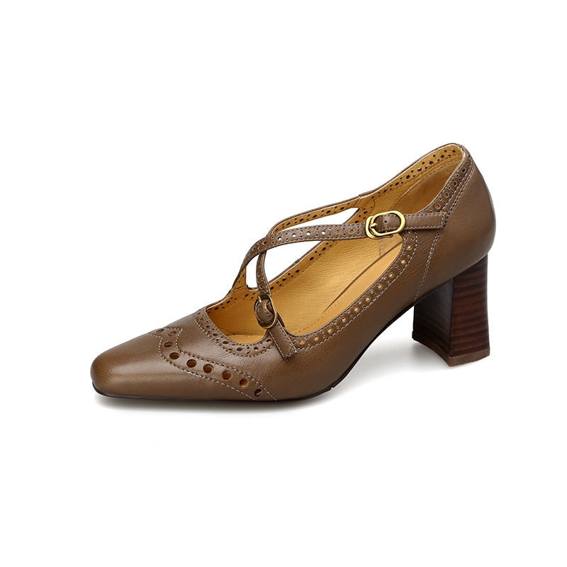 Image of ID 1311782536 Handmade Cross Strap Leather Brogued Mary Jane Pumps in Apricot/Khaki