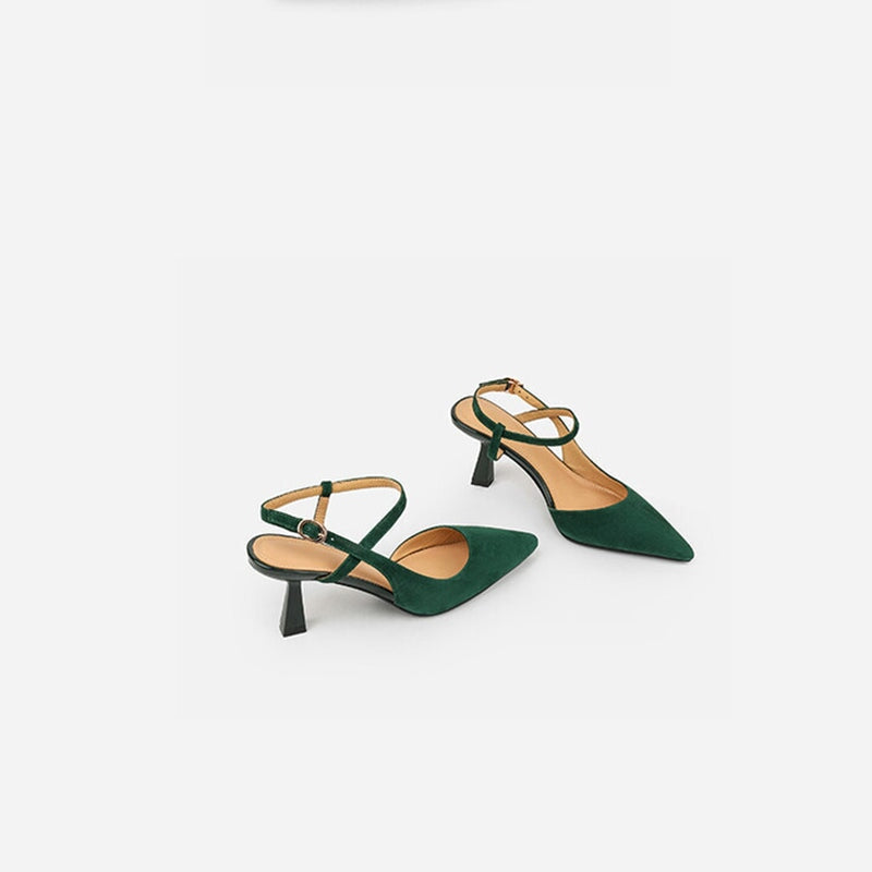 Image of ID 1311782559 Suede Leather Point Toe 60mm Kitty Heel Sandals Slingback Pumps in Black/Green