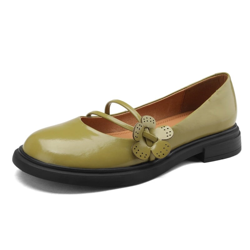 Image of ID 1311782632 Handmade Leather Mary Jane Flats with Flowers Detail Instep Strap in Green/Black/Beige