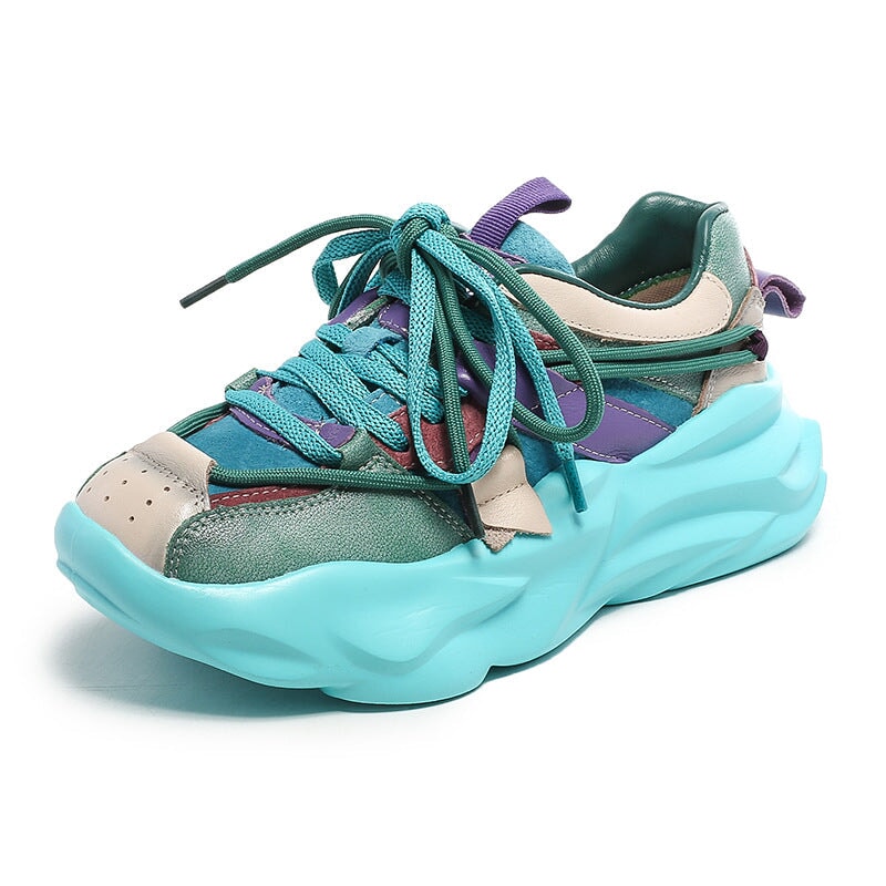 Image of ID 1311782736 Leather Chunky Sneakers for Women Low-top Lace Up Contrast Color in Yellow/Green