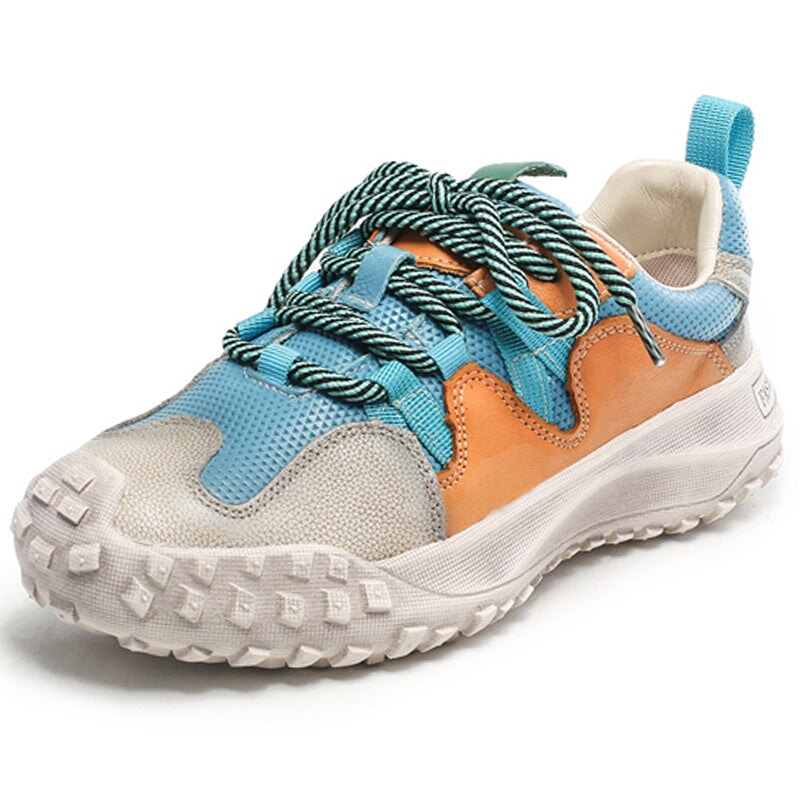 Image of ID 1311782802 Leather Platform Sneakers for Women Tire-sole Low-top Lace Up Contrast Color in Blue/Beige